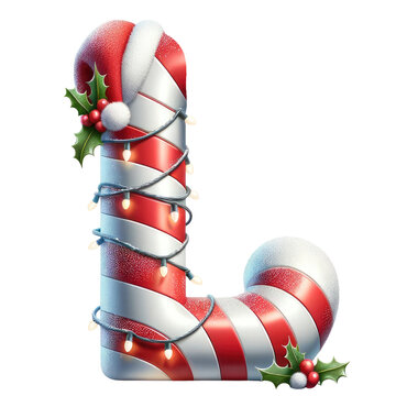 recommend clip art: Christmas candy cane letter L clipart decor with Santa hat holly berries pinecones festive lights isolated
