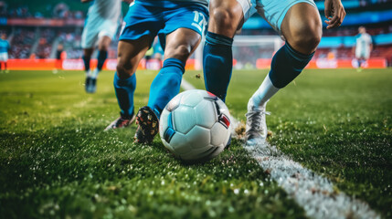 Fototapeta premium In a soccer game, a soccer player dribbles the ball, a soccer league, a World Cup,