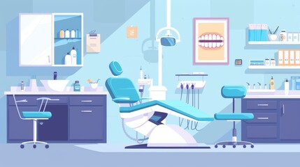 Dental clinic interior with dental chair, cabinet and equipment flat vector illustration