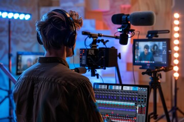 A teacher recording an educational video with a professional setup