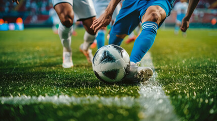 Fototapeta premium In a soccer game, a soccer player dribbles the ball, a soccer league, a World Cup,