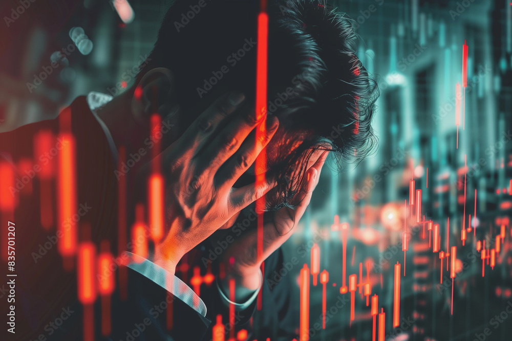 Poster a man in a suit is sitting at a desk with a laptop. he is looking at a screen with a lot of numbers 