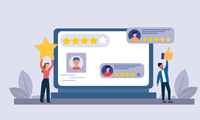 People giving  star feedback and choosing satisfaction rating on computer site . Customer review rating and feedback concept. Flat vector illustration.