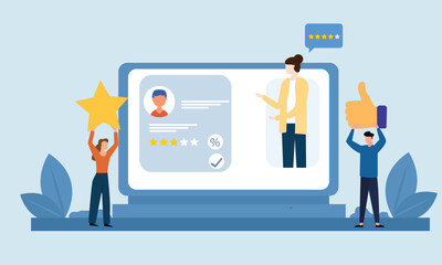 People giving  star feedback and choosing satisfaction rating on computer site . Customer review rating and feedback concept. Flat vector illustration.