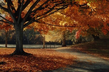 Obraz premium autumn scene in the park with falling leaves by generative ai