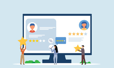 People giving  star feedback and choosing satisfaction rating on computer site . Customer review rating and feedback concept. Flat vector illustration.