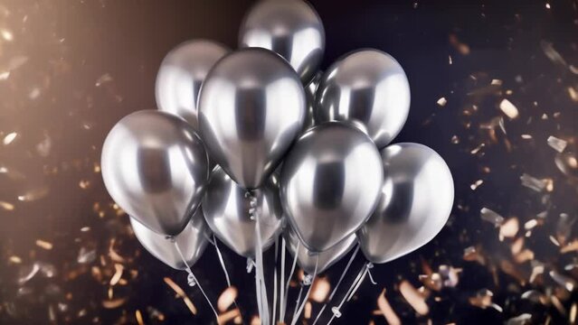 A cluster of elegant silver balloons floating amidst a burst of confetti. The glossy balloons in various shades of silver create a festive and joyful atmosphere, perfect for celebrations and parties.
