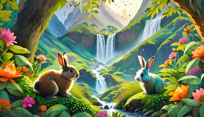 Art work of rabbits sitting in forest with beautiful background 