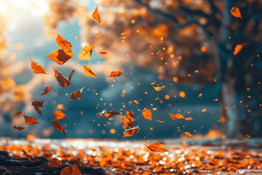 autumn scene in the park with falling leaves by generative ai