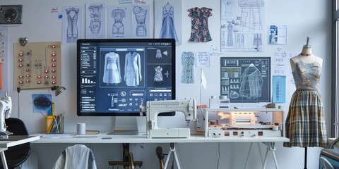 Photo of a fashion designer's studio with mannequins, Hanging Clothes, sewing machines, and colorful fabrics on the table. The walls have sketches and blueprints of designs and patterns.