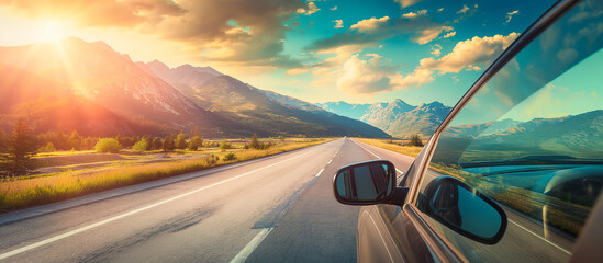 Obraz premium view side mirror of car summer roadtrip concept background