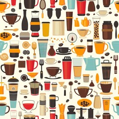 A seamless arrangement of coffee-related items including cups, mugs, coffee beans, and spoons, forming a vibrant and repetitive pattern