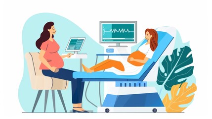 Pregnant woman in a medical clinic, a pregnant female lying on a bed with a doctor examining her and a fetal heart rate monitor, prenatal care, woman's health