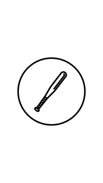 Baseball Bat black and white line icon vector illustration in a circle, for web use for sport, equipment, swing, vertical video animation, self drawing