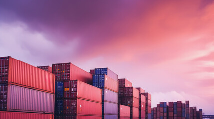 Fototapeta premium Sunset over the shipping containers. The concept of cargo transportation.