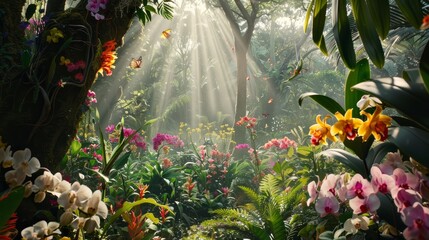 a tropical paradise, teeming with lush greenery, crystal-clear turquoise waters, and powdery white sand. The scene showcases a pristine beach framed by swaying palm trees and vibrant tropical flowers,