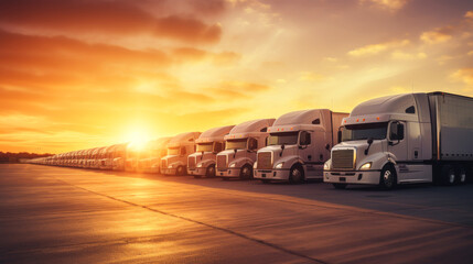 Semi trucks are parked in rows with sun set time