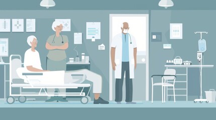 A flat vector illustration of an elderly patient in a hospital room, surrounded by medical staff and equipment, nursing, doctors, health care, hospital patient care