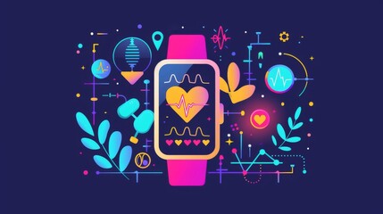 A smartwatch with health tracking features displaying heart rate and sleeping data on the screen in a cartoon style. The 3D rendered background is a digital landscape with abstract elements 
