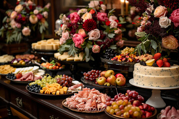 A grand buffet table draped with a rich velvet cloth, laden with an assortment of fine cheeses, fruits, and charcuterie, in an elegant ballroom setting