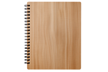 Blank wooden notebook with spiral. Isolated on transparent background.