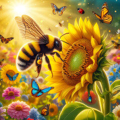 A beautiful bumblebee is also on a sunflower flower and how many butterfly are flying over it with sunrise.