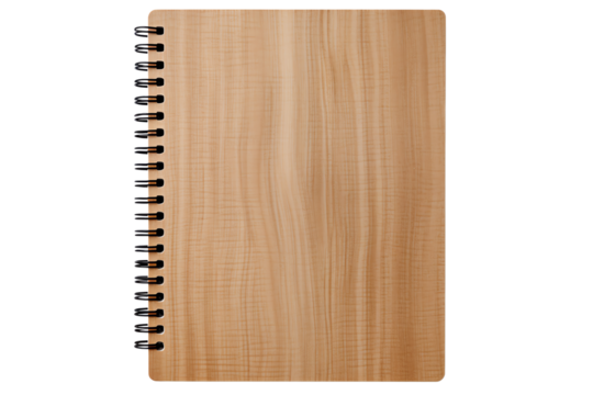 Blank wooden notebook with spiral. Isolated on transparent background.