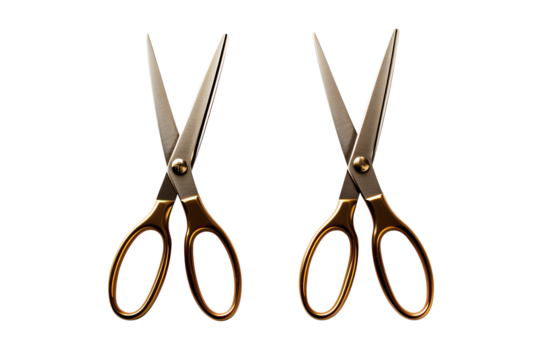 A pair of open golden scissors on a transparent background