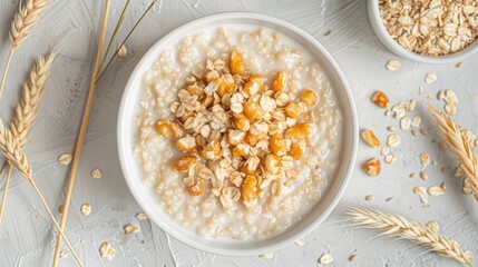 Porridge in a bowl top view ready to be eaten