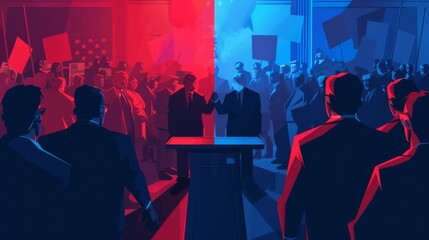  Illustration of political opposites with a crowd in the background, men and women wearing suits standing at podiums holding signs or raising hands, a dark blue, red, 