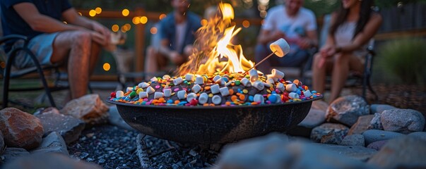 A group of friends gathers around a backyard fire pit, roasting marshmallows to create the perfect summertime treat - s'mores topped with melted chocolate and colorful sprinkles.
