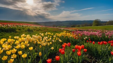 A Picturesque Meadow in Full Bloom During Springtime, Overflowing with Vibrant Wildflowers, Perfect for Seasonal Nature Calendars and Wall Art, Idyllic Springtime Meadow Bursting with Colorful Blossom