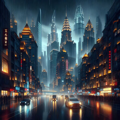 Beautiful night scene after rain in a beautiful city,Glistening Streets of the City at Night After Rain.
