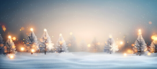 Fototapeta premium Christmas light and snow blurred background.