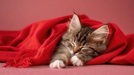 Maine Coon kitten with brown fur napping on a red blanket against a pink backdrop Cat concealed beneath red fabric