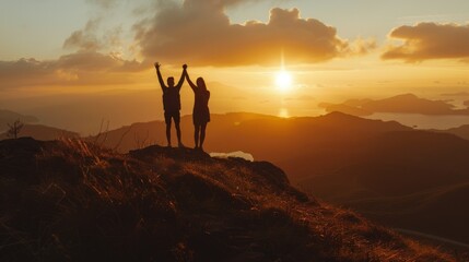Against the backdrop of a sunset, silhouettes of two hikers symbolize teamwork and achievement as they reach the summit. This portrays the reach goal background concept