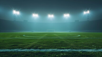 An empty grass field bathed in the glow of white floodlights at a sports stadium offers a professional sports background concept tailored for football promotion