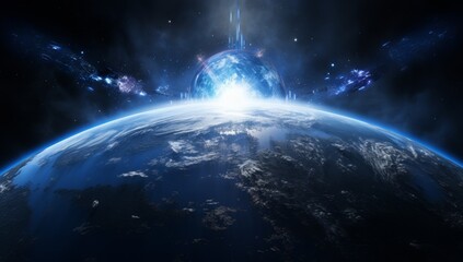 Naklejka premium Earth planet from the space view with blue light in the top of horizon
