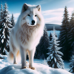 White Wolf on Snowy Mountain with Green Trees,Lone White Wolf on Snow Covered Mountain.