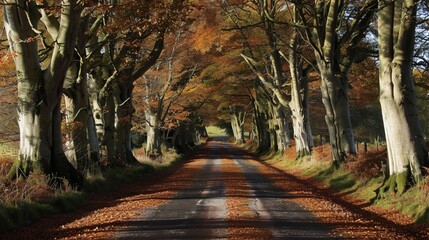 A lovely avenue of beech trees in autumn, on a quiet road near Moor Crichel in Dorset.
