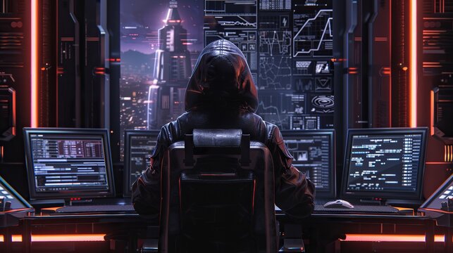 Dive into the clandestine world of hacking with an anonymous figure, back turned, donning a hoodie, immersed in decoding complex lines of code on a commanding monitor. Captured with a wide-angle lens 
