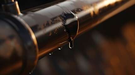 Naklejka premium Oil dripping from a steel pipeline, high contrast, sharp focus. 