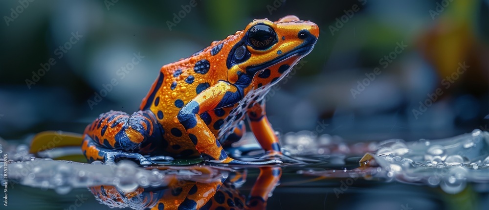 Wall mural In the humid rainforest, the poison dart frog's bright colors serve as a warning to predators, signaling the potent toxins secreted through their skin. - Wall murals