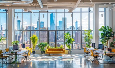 A stylish open office space with minimalist desks, potted plants, and large windows showcasing a stunning city skyline.