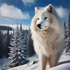 A white wolf stands on a profiled snow mountain with green trees standing behind.