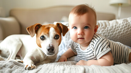 Baby and a dog laying on a bed together