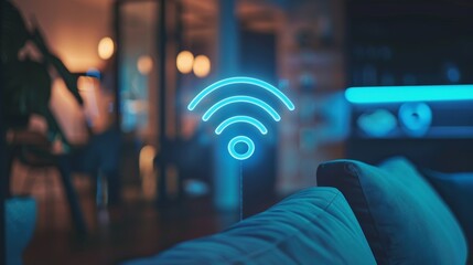 A blue light wireless network connection symbolizes smart home digital technology