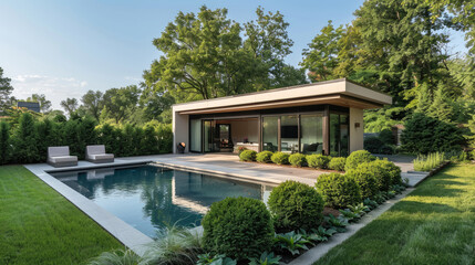 Big swimming pool in front of a new modern house