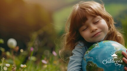 Young child hugging earth globe in the blurred garden background. Happy children's day background concept