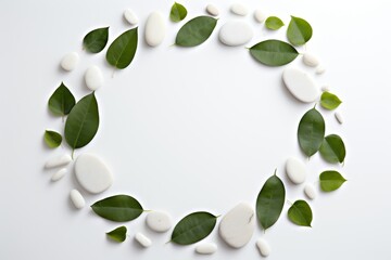 Zen natural stones and a green herb leaf isolated against a white background, perfect for a spa and massage concept